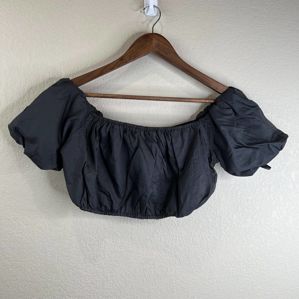 Staud Womens Black Cropped Top Size Small Off The Shoulder Puff Sleeve Boho